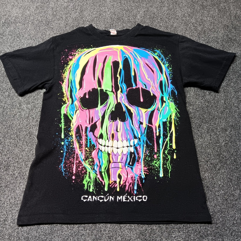 CANCUN‎ Mexico Shirt Adult Small Black Skull Logo Neon Paint Drip Vibrant